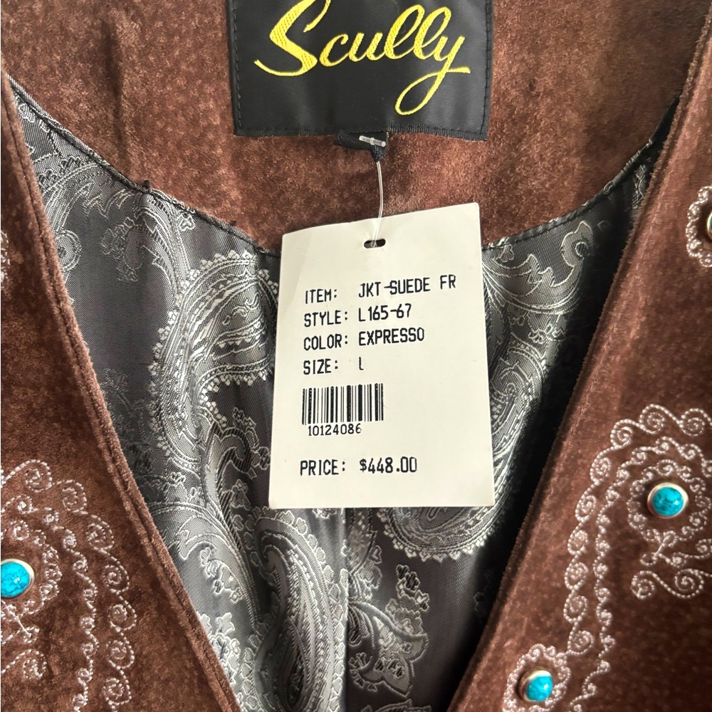 FRINGE EMBROIDERED SUEDE COAT. SILVER THREAD DESIGN WITH TURQUOISE STUDS.